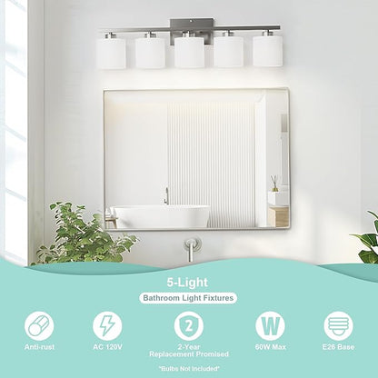Honesorn Modern Vanity Lights - 5-Light Bathroom Fixture with Frosted Shade & Anti-Rust Nickel Finish