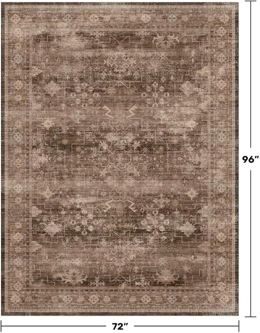 Hazo Haus Boho Brown Living Room Rug 6x8 - Modern Vintage Traditional Oriental Taupe Neutral, Washable Low Pile Non-Slip Extra Large Area Rugs for Dining Under Table Bedroom Lounge