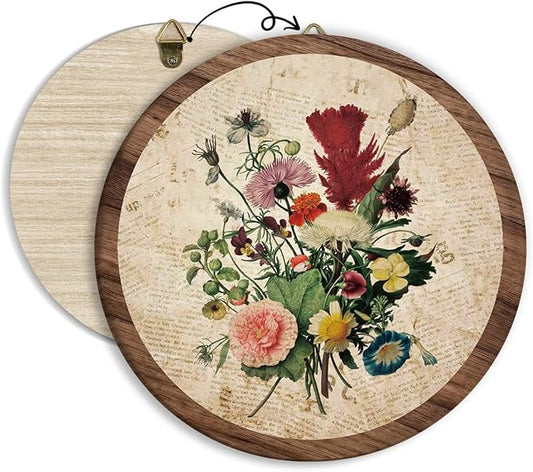 Vintage Floral Boho Hanging Wall Decor, Farmhouse Botanical Neutral Round Wooden Wall Art, Natural Flowers Western Boho Decorations for Living Room Bedroom Bathroom Kitchen Office Apartment Home, 01