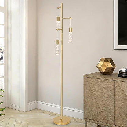 Gold Floor Lamps for Living Room, Modern Brass Standing Lamp with Bubble Crystal Shades, 3 Built-in LED Lights, ON/Off Foot Switch, Industrial Tall Tree Lamp for Bedroom Corner Home Office
