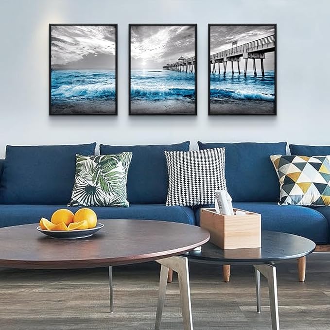 DZRWUBHS Black Framed Wall Decor For Living Room Large Canvas Wall Art For Bedroom Office Wall Decorations Black And White Wall Painting Blue Sea Wave Pictures Artwork For Posters Prints Home Decor