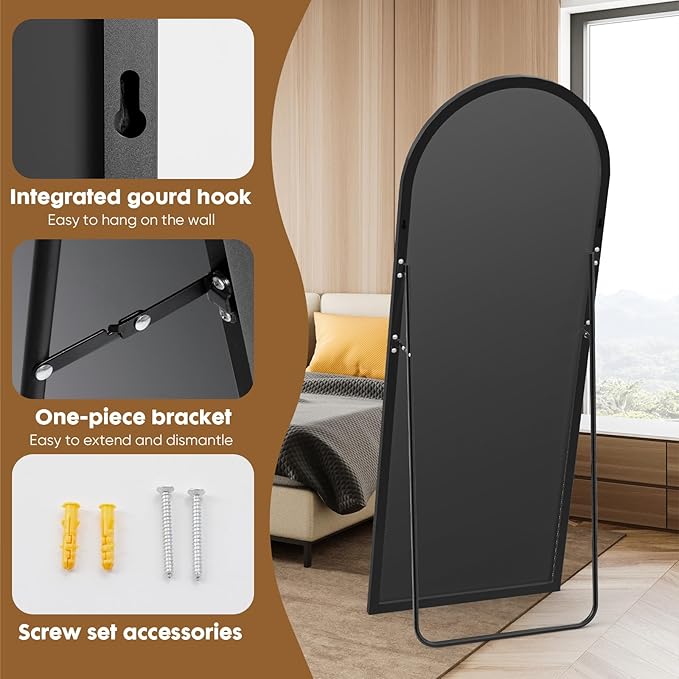 Sweetcrispy 71"x26" Arched Full Length Mirror, Full Body Mirror with Aluminum Alloy Thin Frame, Leaning or Standing, Suitable for Bedroom, Livingroom, Cloakroom, Black