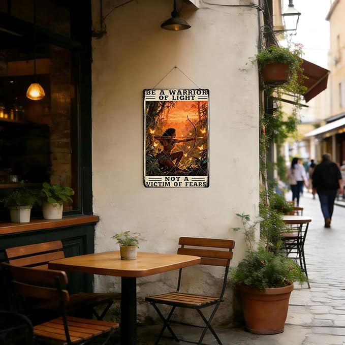 Warrior Metal Tin Sign Be a Warrior of Light Not a Victim of Fears Archery Wall Decor Vintage Rustic Western Theme 12x8 Inch