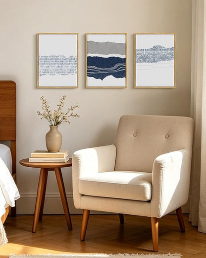 PHOPAGO Navy Blue Abstract Framed Wall Art Mid Century Minimalist Boho Wall Decor Modern Neutral Farmhouse Rustic Art Bedroom Living Decor - 11x14in Natural Framed