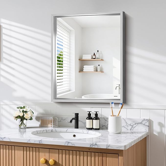 CIRCUMI 24"x30" Brushed Silver Mirror with Chunky Box Metal Frame, Bathroom Mirror for Vanity Remodel & New Home, Living Room, Entryway, Rectangular Wall Mirror, Tempered Glass, Vertical or Horizontal