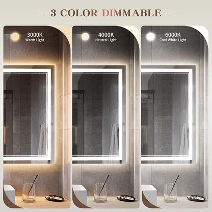 EOGOW LED Bathroom Mirror with Lights,40"x30"Backlit LED Mirror for Bathrooms with Anti-Fog,Dimmable,3 Colors Bathroom Mirror, Wall Mounted Horizontal/Vertical Vanity Mirrors,Tempered Glass