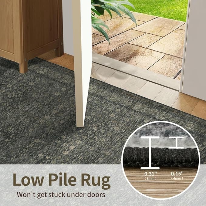 Rugxara 3x5 Washable Entryway Rug, Non Slip Boho Runner Rugs for Hallway, Entrance, Kitchen, Bathroom, Laundry Room, Soft Entryway Carpet, Throw Low Pile Retro Imitation Wool Carpet, Moss Brown