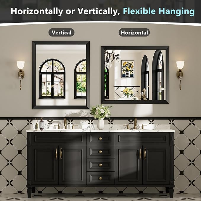 28x36 Inch Black Bathroom Mirror for Wall, Beveled Framed Rectangle Bathroom Vanity Mirrors for Over Sink, Bedroom, Living Room, Entryway, Anti-Rust, HD Tempered Glass, Horizontally/Vertically