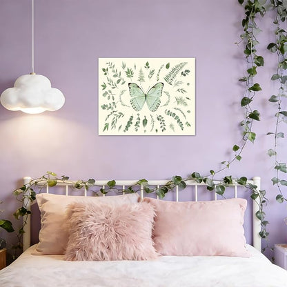 LB Sage Green Butterfly Wall Art Watercolor Eucalyptus Leaves Botanical Canvas Wall Art Green Plant Leaf Wall Decor for Living Room Bedroom Bathroom Framed Ready to Hang 12L x 16W Inch