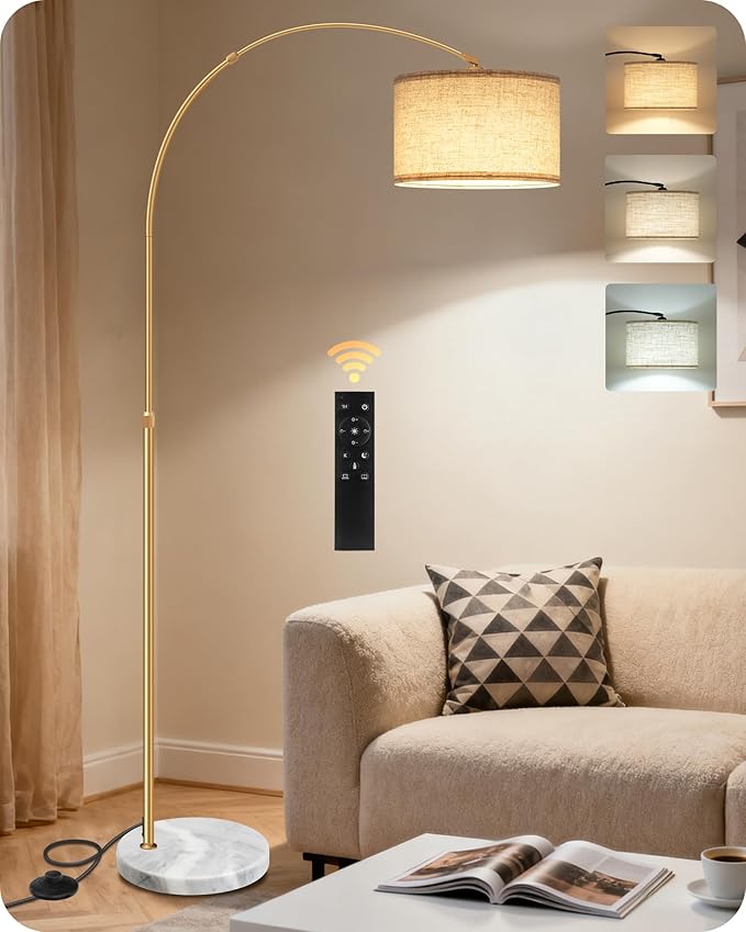 75" Arc Floor Lamp with Marble Base and Adjustable Height, Rotating Hanging Shade, Dimmable Gold Floor Lamp for Living Room with Remote and Foot Switch, 3 Color Temperatures, Timer, DE15LD05