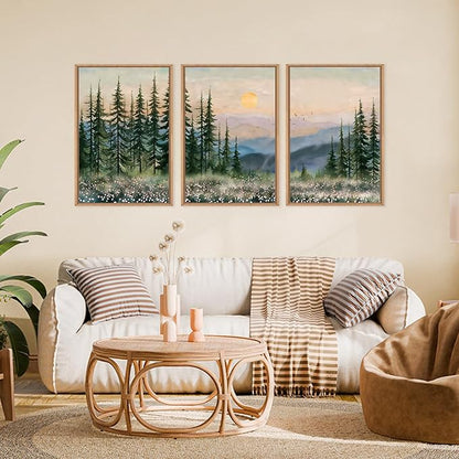 Boho Sunset Forest Framed Canvas Wall Art Set,Colorful Nature Landscape Green Pine Tree Wall Decor, Modern Watercolor Mountain Artwork for Living Room,Bedroom,Office-16 x24 x3
