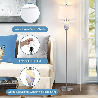 Lovlast Modern Floor Lamp with Nightlight for Living Room, Bedroom, Stained Glass Blue Lamp for Living Room Decor, Mid Century 65" Tall Standing Corner Lamp(Bulb Included)