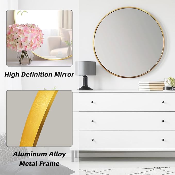 Gold Round Mirror, 28 Inch Gold Circle Mirror, Metal Frame Round Wall Mounted Mirrors for Bathroom, Living Room, Bedroom, Entryway, Vanity, Golden, Brass