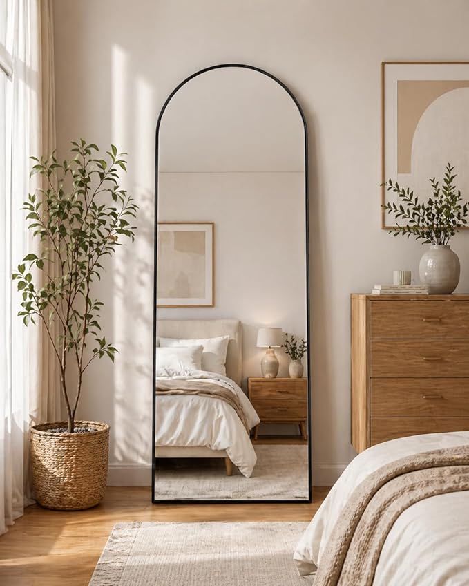 Full Length Mirror, 71"x28" Arched Floor Mirror Freestanding, Floor Standing Full Body Mirror with Stand for Bedroom, Hanging Mounted for Living Room Cloakroom, Black