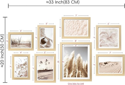ArtbyHannah Gallery Wall Frame Set, 8 Pack Picture Frames Collage Wall Art Decor with Neutral Pampas Grass for Bedroom, Assorted Size Including 8"x10", 5"x7", 4"x6", 6"x6"(Beige Frame,Small)