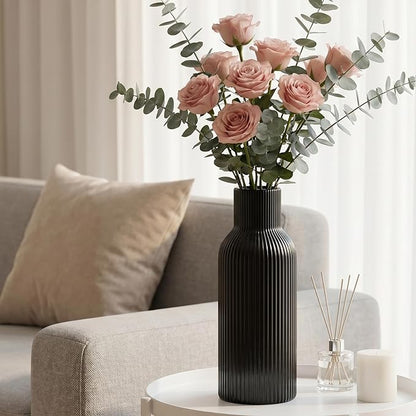 Large Black Tall Ceramic Vase,Modern Smooth Vertical Ribbed, Nordic Minimalist for Pampas Dried & Fresh Flowers, Home Decor for Living Room, Coffee Table, Bookshelf, Entryway, Farmhouse