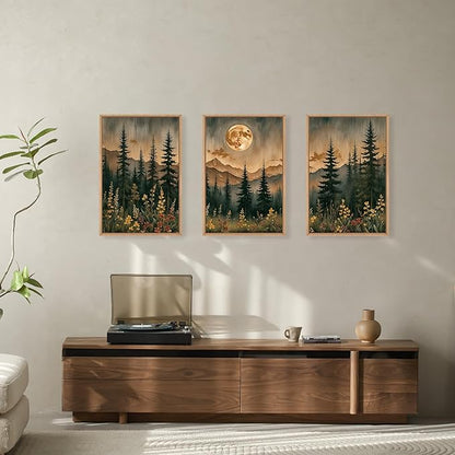 HOURIA Vintage Boho Nature Moonlight Forest Mountain Framed Canvas Wall Art Set,Wilderness Dark Moon Woodland Floral Decor,Retro Wildflower Field Landscape Artwork for Living Room,Farmhouse-16 x24 x3