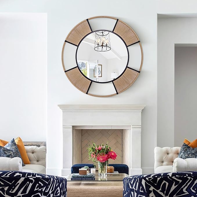 42'' Coastal Large Round Rope Mirror, Nautical Mirror with Detachable Rattan & Black Metal Frame, Farmhouse Mirrors for Rustic Boho Bathroom, Bedroom, Living Room, or Entryway