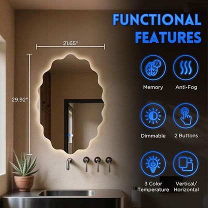 Dorlicecass Oval Wavy Led Bathroom Mirror- Vanity Mirror with Lights IP54 Enhanced Anti-Fog,Single Piece 22"x30" 3 Colors Dimmable, Memory,Tempered Glass,UL Listed