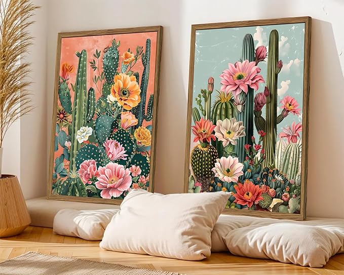 Framed Mexican Cactus Canvas Wall Art Set of 2, Vintage Desert Floral Wall Decor Paintings, Southwestern Boho Botanical Pictures Prints Aesthetic Home Decor for Living Room Bedroom Bathroom 12x16 inch