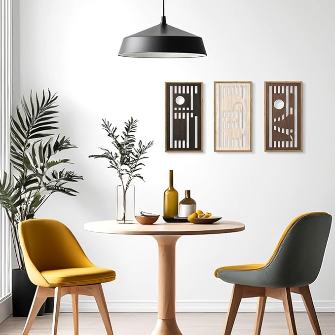 HPNIUB 3 PCS Boho Wall Decor,Black White Century Abstract Mask Geometric Line Carved Hanging Wood Sign for Living Room,8x16Inch Modern Neutral Wooden Plaque for Apartment Bedroom Office Decoration