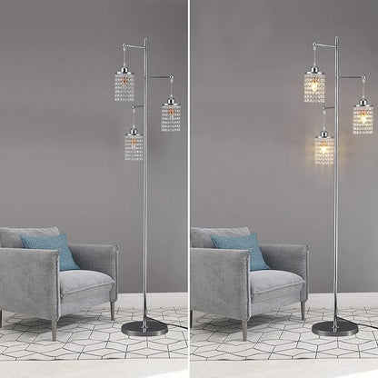 beaysyty Art Decor Crystal Floor Lamp 3-Light Contemporary Crystal Lampshade for Living Room,Bedroom,Office,Bulb Included,Chrome Finish