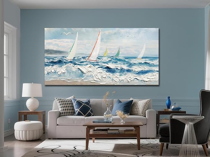 Enartly Wave 3D Textured Ocean Wall Art for Living Room Blue Seascape Sailboat Canvas Coastal Painting Artwork for Bedroom Bathroom Home Office Wall Decor, Large 58"x29"