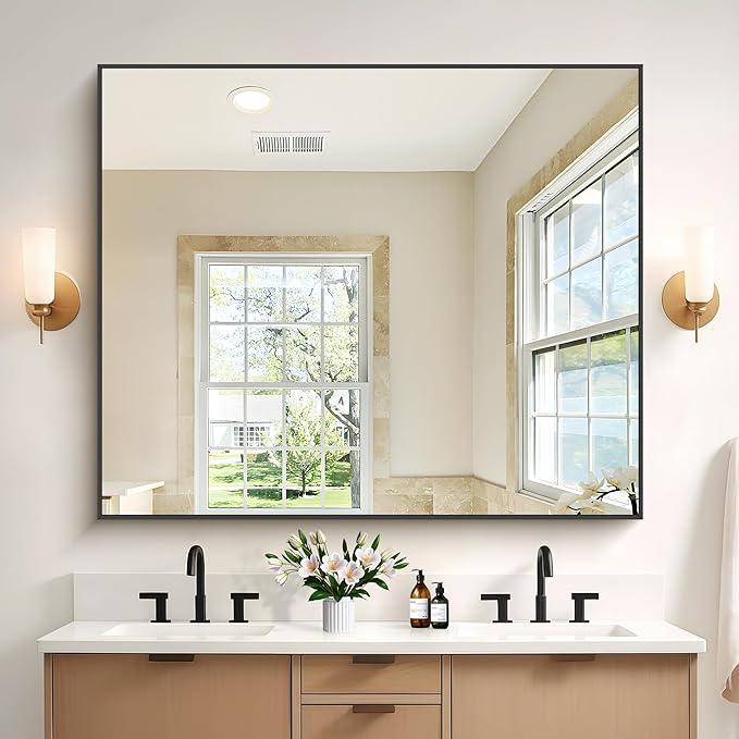 COFENY 40x48inch Black Bathroom Mirror, Black Rectangle Mirror with Frame, Large Rectangular Wall Mirrors for Bathroom, Living Room, Hair Salon, Big Farmhouse Mirror Hang Horizontal/Vertical