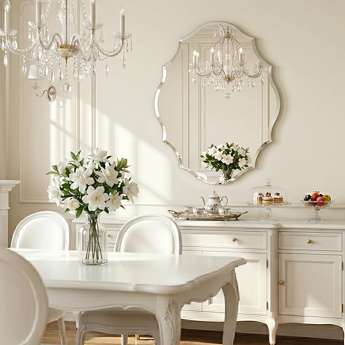 Frameless Wall Mirror 28x22 Inch, Decorative Scalloped Vanity Mirror with Beveled Edge for Bathroom, Entryway & Bedroom