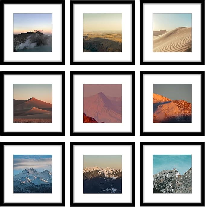 Wiscet 12x12 Picture Frame Set of 9, Gallery Wall Frame Set Display Pictures 8x8 with Mat or 12 x 12 without Mat, Square Collage Picture Frames for Wall, Black