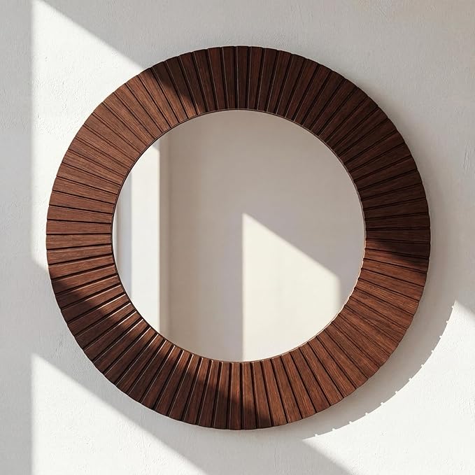 Vercraft 30" Round Wood Wall Mirror - Grooved Decorative Mirror for Entryway, Living Room Bathroom, Bedroom, Hallway