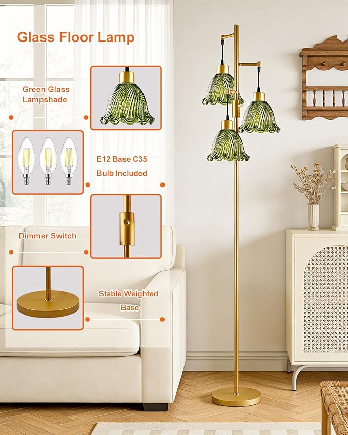 3-Light Modern Glass Floor Lamp, Gold Standing Tall Lamp with Green Lily Glass Shade for Reading, Dimmable LED Floor Lamp with 5Lbs Heavy Base for Living Room Bedroom Home Decor, Bulb Included