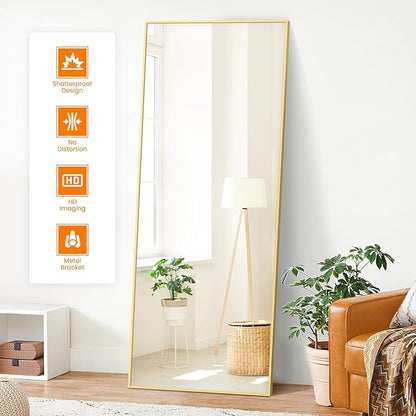 TRAHOME Full Length Standing Mirror, 70"x24" Gold Full Body Mirror with Aluminum Alloy Frame, Free Standing or Wall Mount for Bedroom, Living Room, Dressing Room