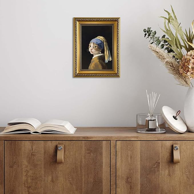 YD&YZY Gold Framed Funny Cat Wall Art Canvas Girl with a Pearl Earring Cat Wall Decor Unique Cute Animal Painting Picture Print for Bedroom Living Room Bathroom 8x10 inch Small Framed