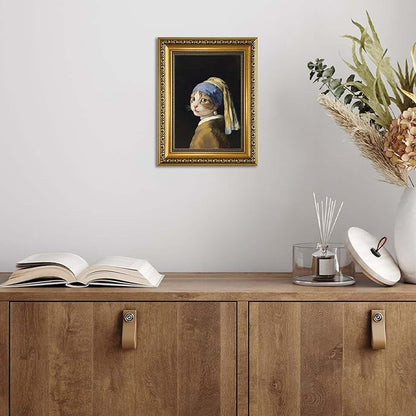 YD&YZY Gold Framed Funny Cat Wall Art Canvas Girl with a Pearl Earring Cat Wall Decor Unique Cute Animal Painting Picture Print for Bedroom Living Room Bathroom 8x10 inch Small Framed