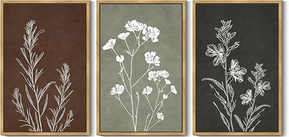 Drsoum Vintage Boho Flower Wall Art Framed Retro Botanical Floral Wall Prints Wildflower Neutral Rustic Bohemain Artwork Kitchen Bedroom Ready to Hang 24x36in Natural Framed