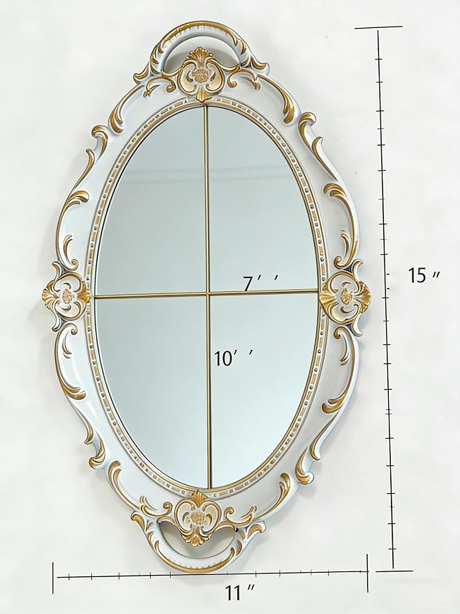 Vintage Oval Resin Wall Mirror, Wall-Mounted Decorative Mirror, Vanity Tray for Entryway, Corridor, Bedroom, Living Room Dressing Table (White Gold 15X10 Inch)
