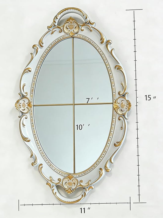 Vintage Oval Resin Wall Mirror, Wall-Mounted Decorative Mirror, Vanity Tray for Entryway, Corridor, Bedroom, Living Room Dressing Table (White Gold 15X10 Inch)