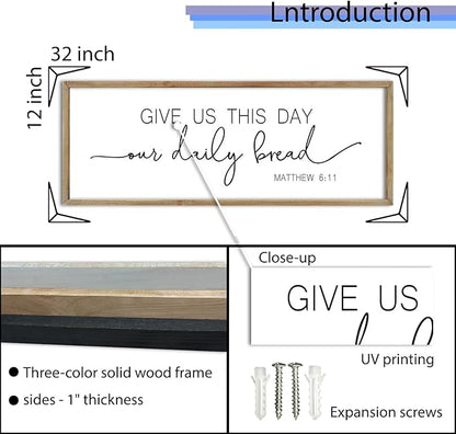 FZMHASLWW Dining Room Wall Decor Bible Verse Give Us This Day Our Daily Bread Christian Sign Plaque 32"×12" Matthew 6:11 for Farmhouse Kitchen Large Rustic Vintage Horizontal Wall Hanging Art (Wood)