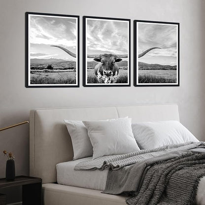 3 Pieces Highland Cow Framed Canvas Wall Art Vintage Gray Farmhouse Cow Picture for Bathroom Wall Decor Animal Print Artwork for Country House Living Room Decoration Easy to Hand 16x24inchx3pcs