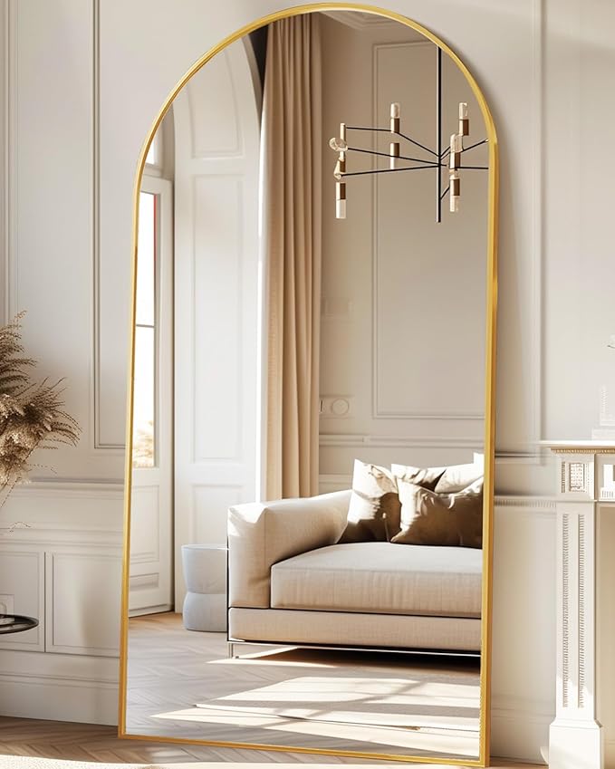 Antok Oversized Full Length Mirror with Stand, 78"x38" Arched Floor Mirror, Aluminum Frame, Wall Mounted/Leaning/Free Standing, Large Body Mirror for Bedroom Living Room Entryway Dressing Room,Gold