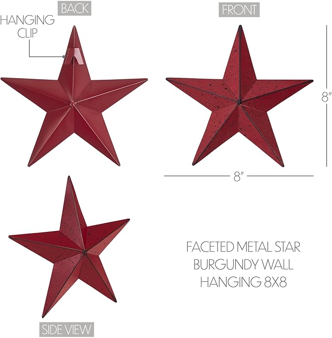 VHC Brands Patriotic Faceted Metal Star Wall Hanging 8x8, Distressed Appearance, Burgundy, Independence Day Decor