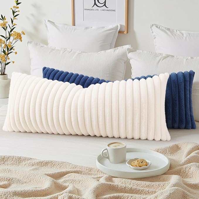 decorUhome Summer Cozy Faux Fur Throw Pillow Covers 14x36 Set of 1 Decorative Soft Plush Striped Lumbar Modern Farmhouse Boho Couch Pillow Cases with Velvet Back for Sofa Bed Living Room, Cream White