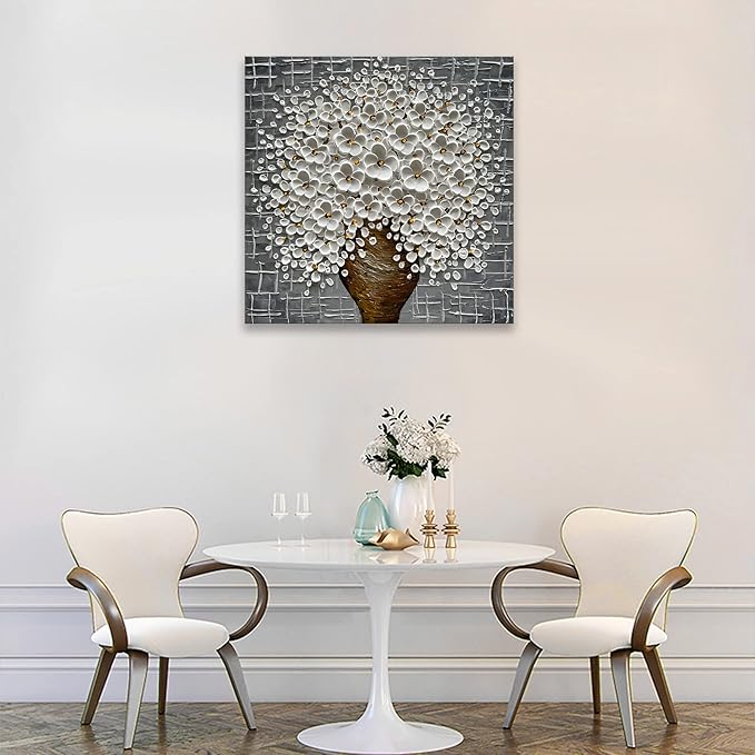 Epicler Hand-Painted 3D Abstract Modern Oil Painting Wall Art,24x24 Inch White Flower Painting, Flower Wall Art Painting,Living Room Bedroom Wall Decoration Oil Painting Ready to Hang