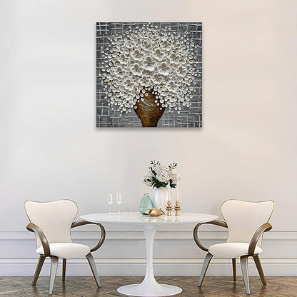 Epicler Hand-Painted 3D Abstract Modern Oil Painting Wall Art,24x24 Inch White Flower Painting, Flower Wall Art Painting,Living Room Bedroom Wall Decoration Oil Painting Ready to Hang