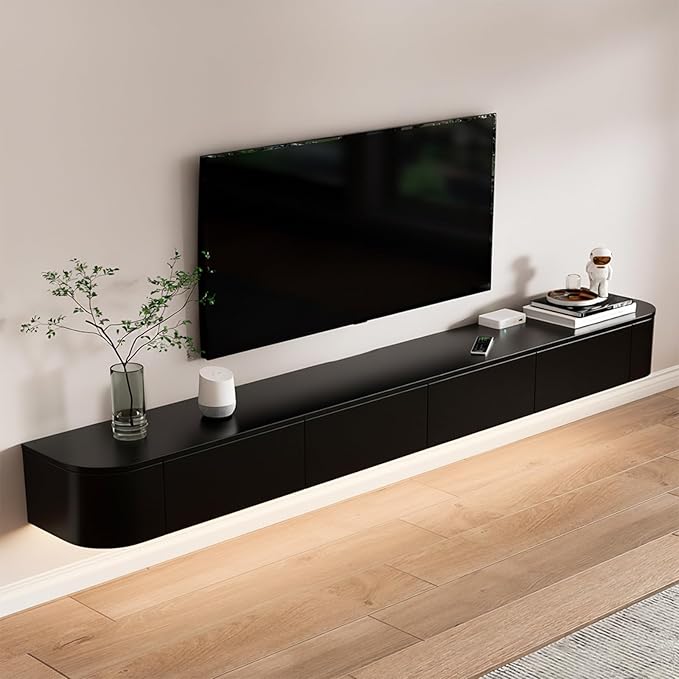 Floating TV Stand 79 Inch Wall Mounted TV Cabinet with LED Light Strip, TV Media Console with Flip-Down Door & Drawers for Living Room (Black, Light Strip 78.7")