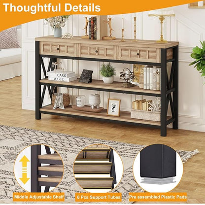 FATORRI Console Table for Entryway, Rustic Sofa Table with 3 Drawers for Living Room, Farmhouse Hallway Tables with Storage and Couch Tables Behind Sofa (54.72 Inch Long, Rustic Oak)