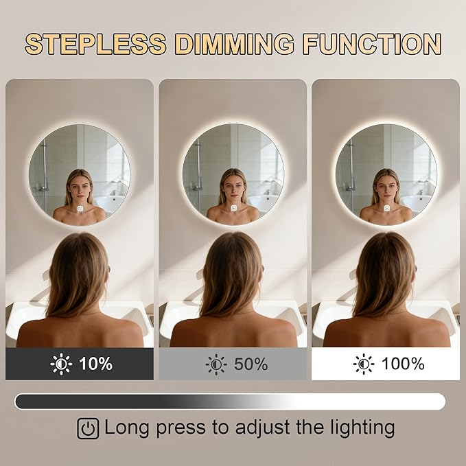 20 Inch Round LED Bathroom Mirror with Lights, Lighted Vanity Bathroom Mirror with Backlit, Stepless Dimmable & 3 Colors (3000K/4000K/6000K), IP54 Waterproof