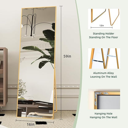 Beauty4U 59" x 16" Tall Full Length Mirror with Stand, Gold Wall Mounting Full Body Mirror, Metal Frame Full-Length Tempered Mirror for Living Room, Bedroom