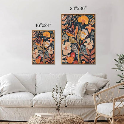 SIGNINART Orange Floral Framed Canvas Wall Art Set of 3, Mid Century Modern Flower Wall Decor, Neutral Plant Artwork, Boho Botanical Art Prints for Bedroom Living Room Office 24"x36"x3